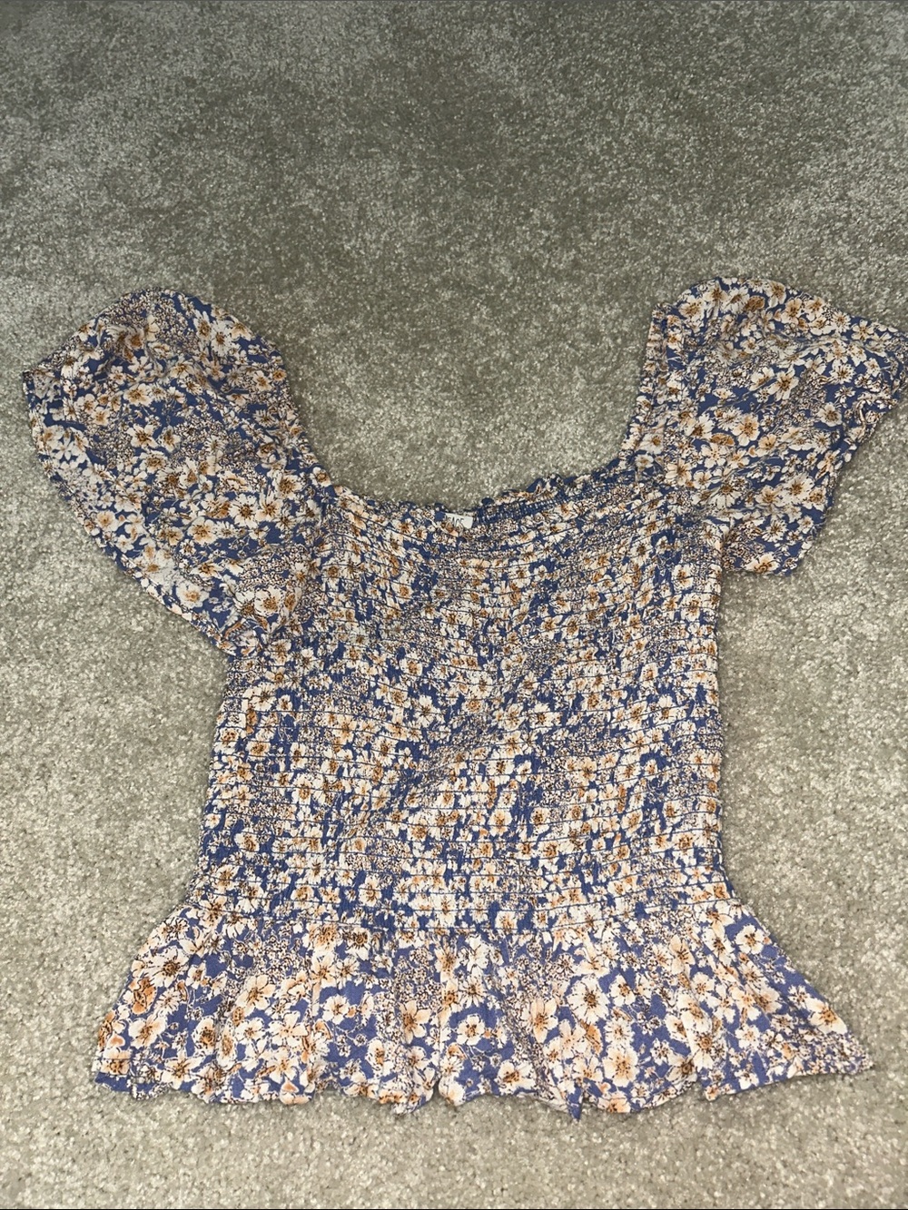 Patrons of Peace Blue Floral Smocked Puff Sleeve Top